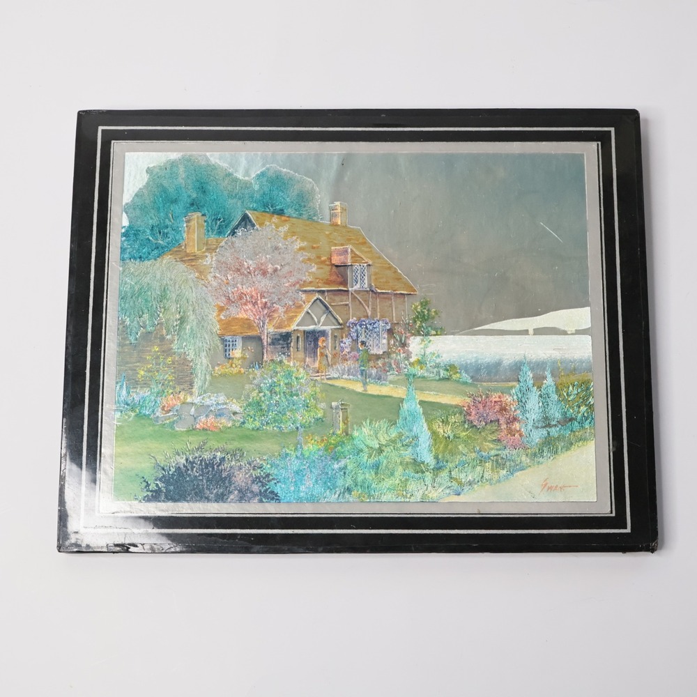 Vintage G. Wan English Cottage Landscape Iridescent Lacquer Framed Art 10x8